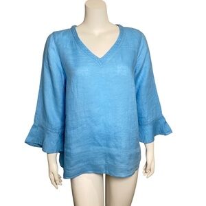J Jill Love Linen Top Shirt Womens Size S 100% Linen Blue 3/4 Sleeve Summer